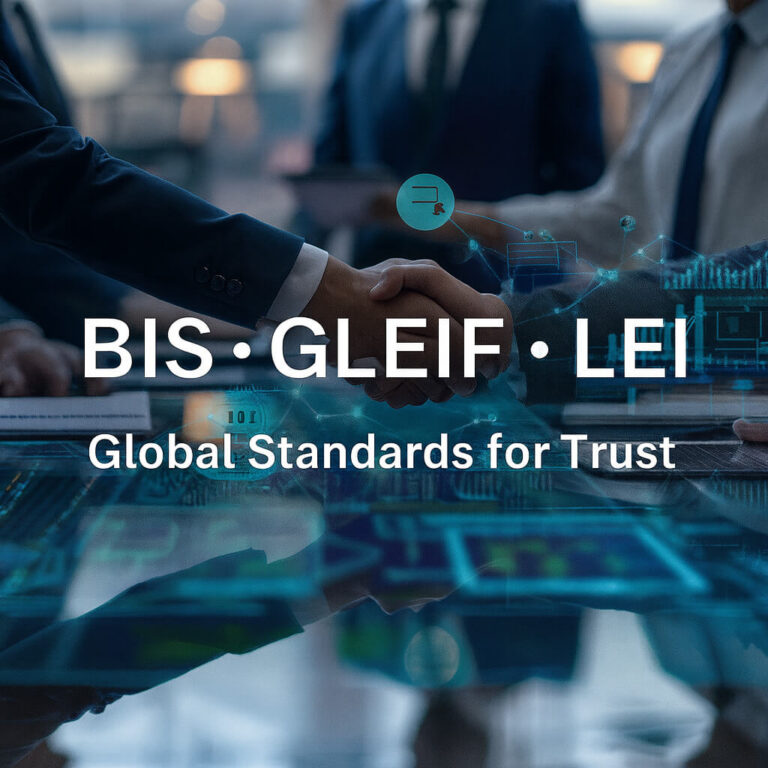 Rokasspiediens ar digitālā tīkla pārklājumu un teksts BIS • GLEIF • LEI – Globālie uzticības standarti