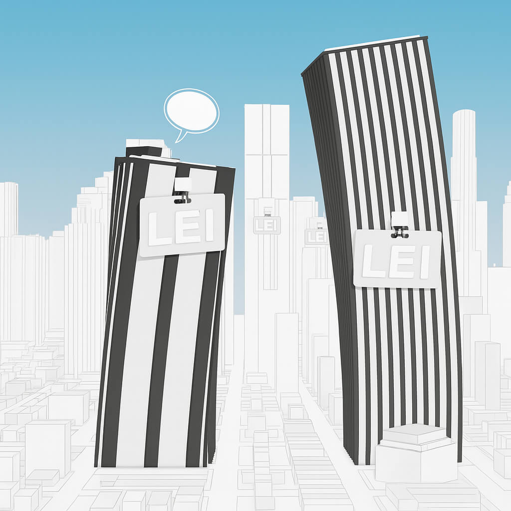 Uzņēmumu ēku ilustrācija ar LEI nozīmēm, simbolizējot Juridisko personu identifikatora izmantošanu uzņēmējdarbības sektorā