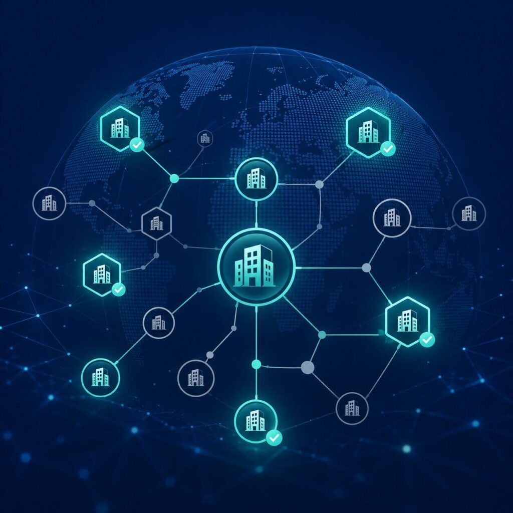 Globāls verificētu un neverificētu juridisko personu tīkls, kas ilustrē KYB procesu, izmantojot LEI kodus